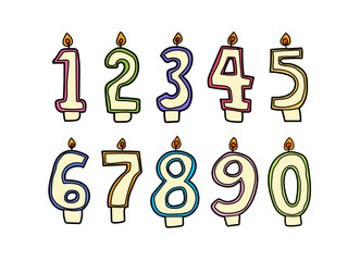 Doodle style cartoon birthday candles numbers collection isolated on white background. Bright colorful outline burning candle numbers for anniversary celebration cake decoration. Hand drawn icon set.
