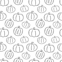 Seamless pattern with pumpkin. Doodle black and white vector illustration. Food vegetable. Autumn harvesting, farming. Print for fabric, paper or wrapping. White background