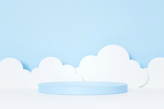 3D rendering cute pastel blue product display stand with cloud decoration. For kid, baby boy product presentation.