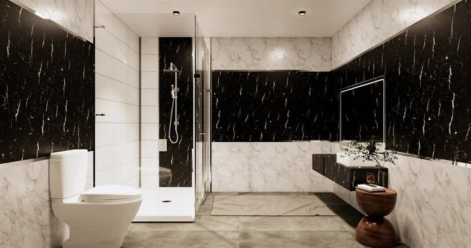 Granite Tiles white and black wall design Toilet, room modern style. 3D illustration rendering