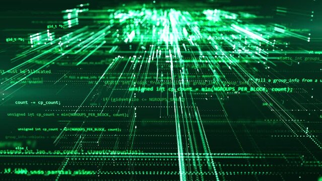 3D programming code abstract technology background of software developer and computer script. Running hud text. Security or hacking. Modern hi-tech software development and blockchain concept