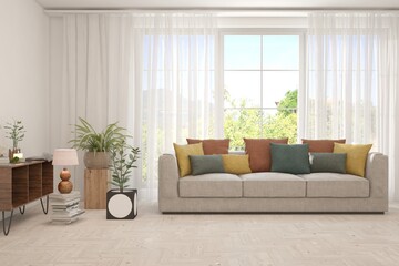 White living room with sofa and summer landscape in window. Scandinavian interior design. 3D illustration
