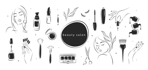 Big set of elements and icons for beauty salon.Black and white cosmetics silhouettes  set. Nail polish,  beautiful woman face,  eyelash extension, makeup, hairdressing. Vector illustrations
