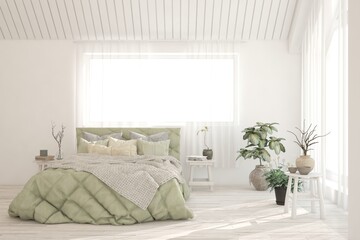 White bedroom interior. Scandinavian design. 3D illustration