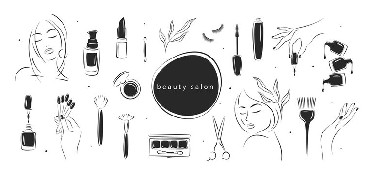 Big set of elements and icons for beauty salon.Black and white cosmetics silhouettes  set. Nail polish,  beautiful woman face,  eyelash extension, makeup, hairdressing. Vector illustrations