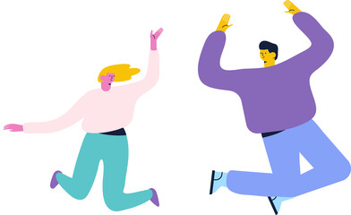 Joyful happy people jumping with raising hands