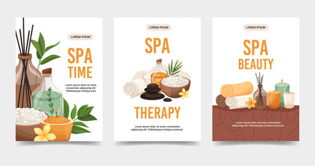 Set of Spa Treatment concept vertical flyers. Natural Cosmetics and aroma candles. Template design banner for Spa, wellness and beauty salon. Vector illustrations in cartoon style