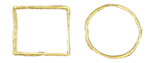 Gold circular and square frame, metallic shapes with copy space, yellow metal texture made with thick layer of paint, round object	