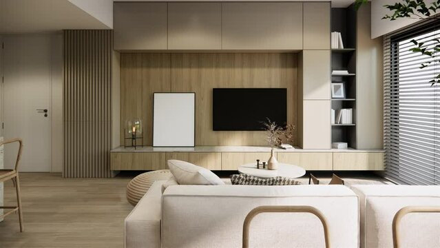 3d rendering modern apartment room interior design and decoration in minimal style beige and earth tone color wooden floor and built in wall with tv sunlight from blinds windows 4K video 3d animation.