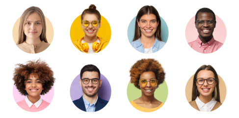 Collage of portraits and faces of group of young diverse people for userpic and profile picture