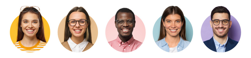 Collage of portraits and faces of group of young diverse people for userpic and profile picture