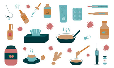 Set of elements for the treatment and prevention of colds and flu. Flat style. Vector.
