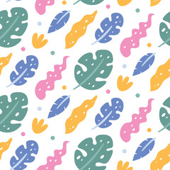 Seamless cute vector tropical floral pattern with flowers, plants, branches, leaves, nature