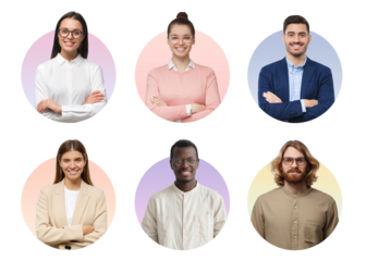 Collage of circles of business team faces of various people for userpic and profile picture