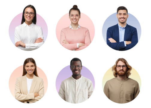 Collage of circles of business team faces of various people for userpic and profile picture