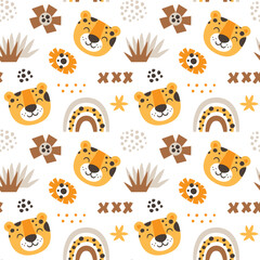 Seamless cute vector animal pattern with tigers, leopard, flowers, plants, leaves