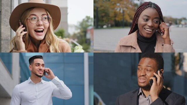 Split screen shot of adult multi-ethnic men and women business people talk on cellphone outdoors. Businessman businesswoman professional team call mobile phone on city street collage diverse portraits