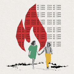 Fire of love. Young happy couple in love going on abstract background with text. Bright...