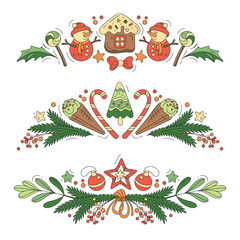 Decorative border from a Christmas tree branches, cookies, candy and balls isolated on a light background. Frame template with the symbols of the holiday.
