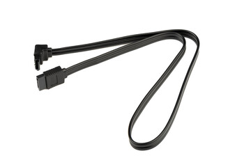Black SATA cable for connecting the hard drive to the motherboard isolated on a white background.