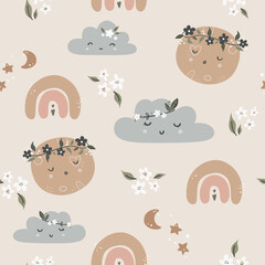 Cute seamless childish simple pattern for kids with cute moons and stars in Scandinavian style. Baby pattern with night sky. Fabric design. Wallpaper. Kids room design.