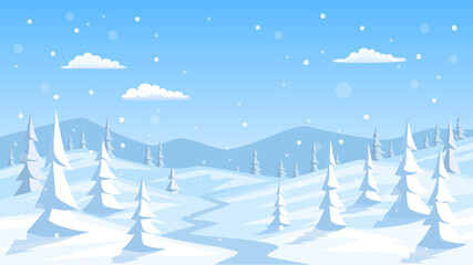 winter snow landscape background with pine trees, mountains, vector illustration