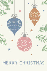 Hanging Christmas balls. Greeting card with wishes. Vector illustration