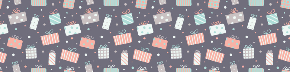 Design of seamless pattern with Christmas present boxes. Panoramic header. Vector