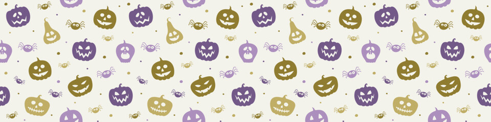 Design of Halloween pattern with funny pumpkin lanterns and spiders. Banner. Vector