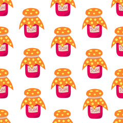 Jar of jam seamless pattern. Vector Illustration for printing, backgrounds, covers and packaging. Image can be used for greeting cards, posters, stickers and textile. Isolated on white background.