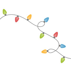 Colourful chain of Christmas lights isolated on transparent background. PNG illustration