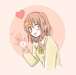 手を振る女子学生　ハート