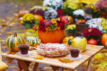 fall picnic composition with pumpkin, apple pie, tea set ,chrysanthemum flowers on yellow van background