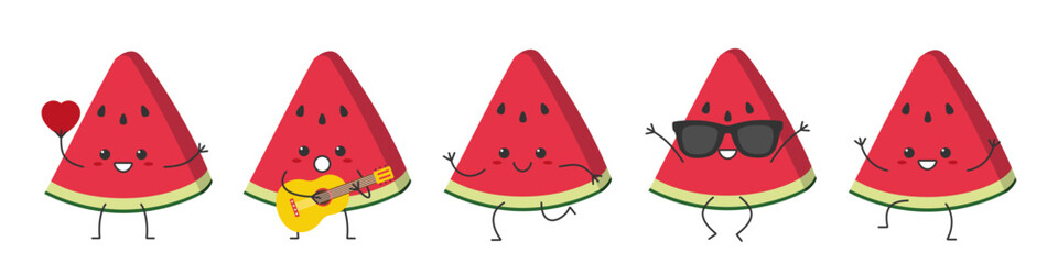 Set watermelon fresh juicy slice  character cartoon greeting jumping sings love running cute smiling face cheerful kawaii joy happy emotions icon vector illustration.