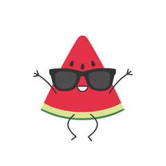 Watermelon fresh juicy slice jumping greeting character cartoon cute smiling face cheerful kawaii joy happy emotions icon vector illustration.