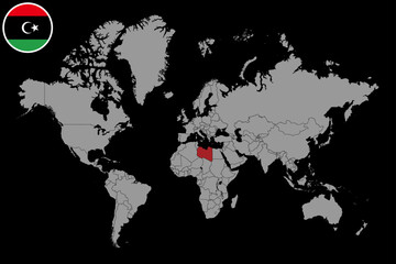Pin map with Libya flag on world map. Vector illustration.