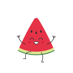 Watermelon fresh juicy slice greeting character cartoon cute smiling face cheerful kawaii joy happy emotions icon vector illustration.