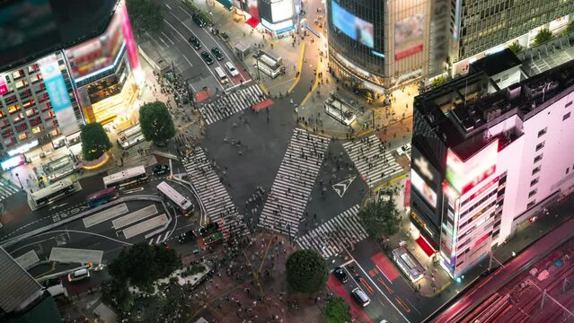 Time lapse overview of Shibuya Scramble Crossing at twilight in Tokyo, Japan