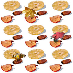 dried fruits - pineapples, apples, dates and autumn leaves on a white background, seamless pattern