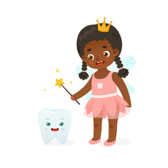 Cute tooth fairy baby girl casts a spell on tooth. Cartoon african american tooth fairy dental mascot.