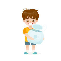 Cartoon baby boy holding big dental floss. Cute kid with dazzling smile holding dental hygienic toiletries.
