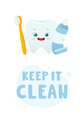 Dental care poster for kids with cartoon tooth holding toothbrush and toothpaste. Toothbrushing banner for children.