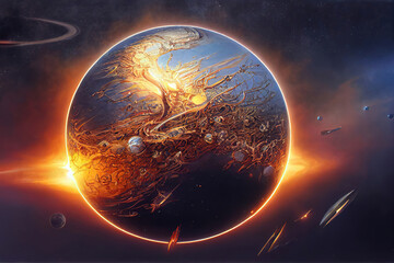 Planet earth, space, planets, comets, lights, explosion, art illustration