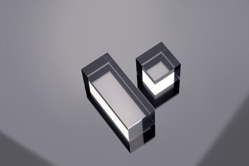 Stylish glass pedestal, stage or platform on a black background. Mockup scene made with acrylic blocks as a template for product presenation. Stylish backdrop for advertisement.