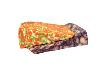 two pieces of the ripening cheese - purple and colorful cheese