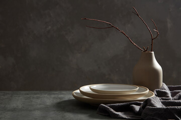 Modern kitchen decoration idea. Design furniture magazine or website. Space for text