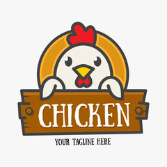 Vector Logo of сute funny smiling cartoon chicken. Modern humorous logo template with image of the rooster. Poultry farm logo. Can be use for advertising farm, market, gastronome.