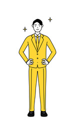 両手を腰に当てたスーツ姿のビジネスマンのシンプルな線画イラスト