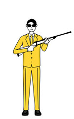 サングラスをかけてライフル銃を持つスーツ姿のビジネスマンのシンプルな線画イラスト