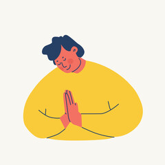 A young man folds his hands in prayer or makes a respectful bow. Smiling character makes namaste. Respectful gestures. Vector illustrations.
